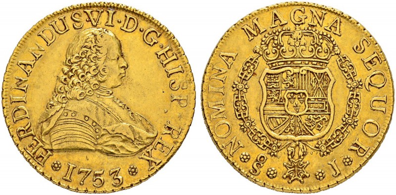 CHILE
Fernando VI. 1746-1759. 8 Escudos 1753, J-Santiago. 26.99 g. Cayon 10883....
