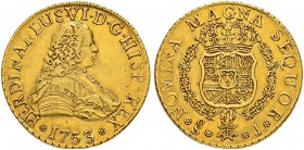 CHILE
Fernando VI. 1746-1759. 8 Escudos 1753, J-Santiago. 26.99 g. Cayon 10883. Fr. 5. Sehr schön / Very fine.