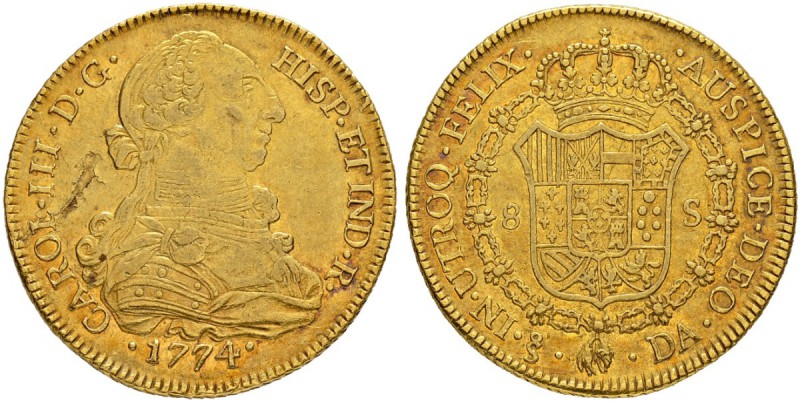 CHILE
Carlos III. 1759-1788. 8 Escudos 1774, DA-Santiago. 26.98 g. Cayon 12860....