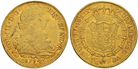 CHILE
Carlos III. 1759-1788. 8 Escudos 1774, DA-Santiago. 26.98 g. Cayon 12860. Fr. 15. Sehr schön-vorzüglich / Very fine-extremely fine.