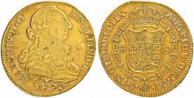 CHILE
Carlos IV. 1788-1808. 8 Escudos 1790, DA-Santiago. 27.05 g. Cayon 14461. Fr. 19. Schrötlingsfehler / Planchet defect. Sehr schön / Very fine.