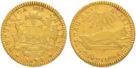 CHILE
Republik. 2 Escudos 1838, IJ-Santiago. 6.58 g. KM 97. Fr. 39. Gutes sehr schön / Good very fine.