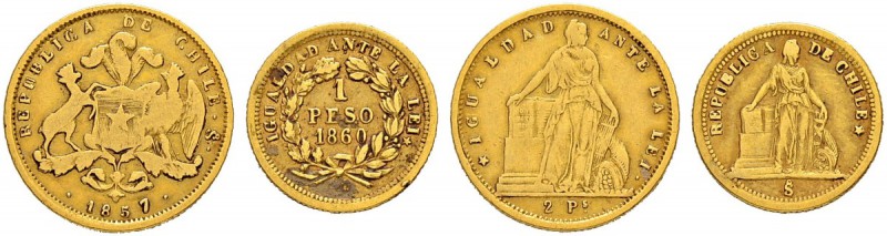 CHILE
Republik. 2 Pesos 1857, So-Santiago. 1 Peso 1860, So-Santiago. Fr. 47, 48...
