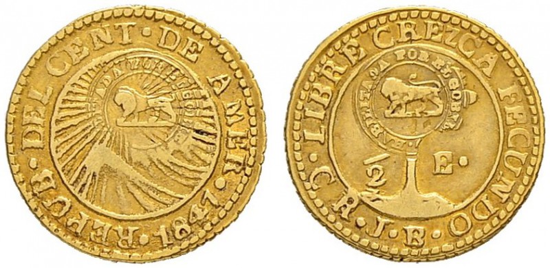 COSTA RICA
Republik, seit 1848. 1/2 Escudo 1847, CR-JB. Gegenstempel "Löwe" (18...
