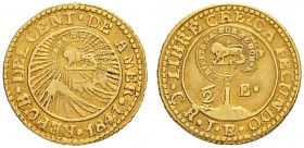 COSTA RICA
Republik, seit 1848. 1/2 Escudo 1847, CR-JB. Gegenstempel "Löwe" (1849-1857). 1.50 g. KM 80. Fr. 5a. Sehr schön / Very fine.