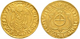 DEUTSCHLAND
Hamburg, Stadt
Goldgulden o. J. (1440-93). Titel Friedrich III. 3.26 g. Gaedechens 265i. Fr. 1085. Sehr schön / Very fine.