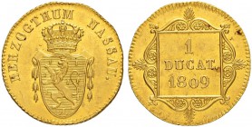 DEUTSCHLAND
Nassau, Herzogtum
Friedrich August und Friedrich Wilhelm, 1803-1816. Dukat 1809, Darmstadt. 3.48 g. Divo/S. 148. Schl. 148. Fr. 1789. Se...
