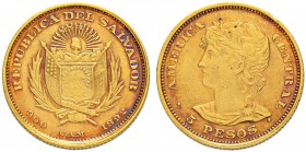 EL SALVADOR
Republik seit 1841
5 Pesos 1892, San Salvador. 8.06 g. KM 118. Fr. 2. Selten. Nur 558 Exemplare geprägt / Rare. Only 558 pieces struck. ...