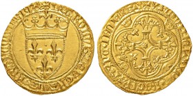 FRANKREICH
Königreich
Charles VI. 1380-1422. Ecu d'or à la couronne o. J. (1. Emission, 11.3.1385), unbestimmte Münzstätte (Lyon?). 3.96 g. Duplessy...