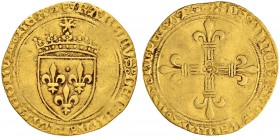 FRANKREICH
Königreich
Charles VIII. 1483-1498. Ecu d'or au soleil o. J. (1. Emission, 11.9.1483). Münzmeisterzeichen "Dreiblatt" am Ende der Umschri...