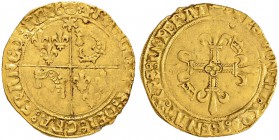 FRANKREICH
Königreich
François I. 1515-1547. Ecu d'or au soleil du Dauphiné o. J. (4. Typ, 3. Emission, bis 1528), Crémieu. 3.35 g. Duplessy 785. Fr...