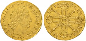 FRANKREICH
Königreich
Louis XIV. 1643-1715. Louis d'or aux 8 L et aux insignes 1702 BB, Strasbourg. Réformation. 6.74 g. Gadoury 253. Fr. 436. Fast ...