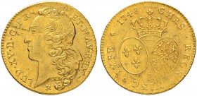 FRANKREICH
Königreich
Louis XV. 1715-1774. 2 Louis d'or au bandeau 1748 B, Rouen. 16.33 g. Gadoury 346. Fr. 463. Leicht justiert / Minor adjustment ...