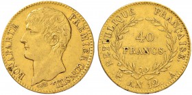 FRANKREICH
Königreich
Consulat, 1799-1804. 40 Francs AN 12 (1803/1804) A, Paris. 12.81 g. Gadoury 1080. Fr. 479. Sehr schön / Very fine.