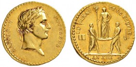 FRANKREICH
Königreich
I. Kaiserreich. Napoleon I. 1804-1815. Goldmedaille AN XIII (1804). Miniaturmedaille auf seine Krönung. Unsigniert. Belorbeert...