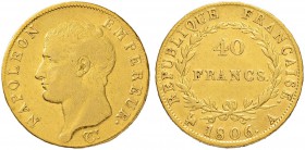 FRANKREICH
Königreich
I. Kaiserreich. Napoleon I. 1804-1815. 40 Francs 1806 A, Paris. 12.89 g. Gadoury 1082. Fr. 481. Sehr schön / Very fine.