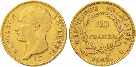 FRANKREICH
Königreich
I. Kaiserreich. Napoleon I. 1804-1815. 40 Francs 1807 I, Limoges. 12.83 g. Gadoury 1082a. Fr. 485. Sehr schön / Very fine.