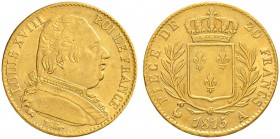 FRANKREICH
Königreich
Louis XVIII. 1814-1824. 20 Francs 1815 A, Paris. 6.45 g. Gadoury 1026. Fr. 525. Vorzüglich / Extremely fine.