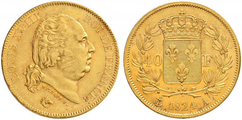 FRANKREICH
Königreich
Louis XVIII. 1814-1824. 40 Francs 1824 A, Paris. 12.86 g...