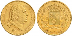 FRANKREICH
Königreich
Louis XVIII. 1814-1824. 40 Francs 1824 A, Paris. 12.86 g. Gadoury 1092. Fr. 534. Leicht justiert / Minor adjustment marks. Vor...