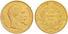 FRANKREICH
Königreich
2. Republik, 1848-1852. 20 Francs 1852 A, Paris. 6.42 g. Gadoury 1060. Fr. 568. Vorzüglich / Extremely fine.