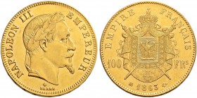 FRANKREICH
Königreich
II. Kaiserreich. Napoleon III. 1852-1870. 100 Francs 1863 BB, Strasbourg. 32.28 g. Gadoury 1136. Fb. 581. Selten in dieser Erh...