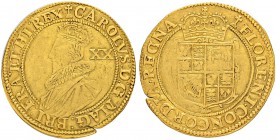 GROSSBRITANNIEN
Königreich
Charles I. 1625-1649. Unite o. J. (1625-1626), Tower Mint. Münzzeichen: Kreuz auf Stufen. 8.92 g. Seaby 2687. Fr. 246. Sc...