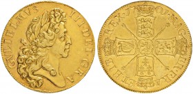 GROSSBRITANNIEN
Königreich
William III. 1694-1702. 5 Guineas 1701 (13. Regierungsjahr), London. 41.63 g. Seaby 3456. Fr. 310. Sehr selten / Very rar...
