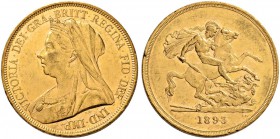GROSSBRITANNIEN
Königreich
Victoria, 1837-1901. 5 Pounds 1893, London. 39.96 g. Seaby 3872. Schl. 391. Fr. 394. Kleine Randfehler / Small edge defec...
