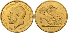 GROSSBRITANNIEN
Königreich
George V. 1910-1936. 5 Pounds 1911, London. 39.89 g. Seaby 3994. Schl. 543. Fr. 402. Vorzüglich / Extremely fine.