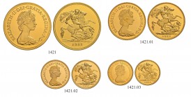 GROSSBRITANNIEN
Königreich
Elizabeth II. 1952-. Proof-Set 1982. 5 Pounds, 2 Pounds, 1 Sovereign und 1/2 Sovereign. Spink PGS03. Fr. 418-421. Nur 250...