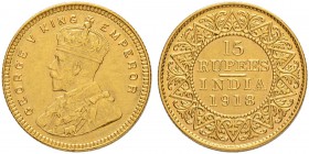 INDIEN
British India
George V. 1910-1936. 15 Rupees 1918, Kalkutta. 8.00 g. Schl. 946. Fr. 1608. Vorzüglich / Extremely fine.