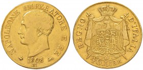 ITALIEN
Königreich
Napoleone I. 1805-1814. 40 Lire 1808 M, Mailand. Erhabene Randschrift, lange "1" in der Jahreszahl. 12.82 g. Pag. 41. Schl. 5.1. ...
