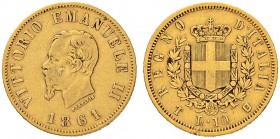 ITALIEN
Königreich
Vittorio Emanuele II. 1859-1878. 10 Lire 1861 T, Torino. B in Schild. 3.18 g. Nomisma 869. Pagani 476. Schl. 48. Fr. 14. Sehr sel...