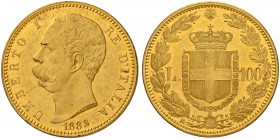 ITALIEN
Königreich
Umberto I. 1878-1900. 100 Lire 1883 R, Rom. Nomisma 972. Schl. 57. Fr. 18. Selten. Nur 4'219 Exemplare geprägt / Rare. Only 4'219...