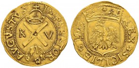 ITALIEN
Neapel / Sizilien
Carlo V. 1516-1556. Scudo d'oro 1543, Messina. Mit dem Münzmeisterzeichen M-A (Mariano Averna). 3.36 g. Spahr 122. MIR 282...
