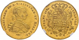 ITALIEN
Neapel / Sizilien
Ferdinando IV. (I.), 1759-1825. 6 Ducati 1766 über 65. MIR 352/13. Fr. 846a. Äusserst seltene Erhaltung / Extremely rare c...