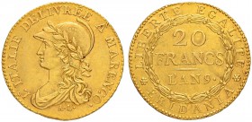 ITALIEN
Subalpine Republik
20 Francs AN 9 (1800/01), Torino. 6.43 g. Schl. 435. Fr. 1172. Selten / Rare. Leicht justiert / Minor adjustment marks. S...