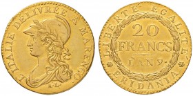 ITALIEN
Subalpine Republik
20 Francs AN 9 (1800/01), Torino. 6.38 g. Schl. 435. Fr. 1172. Selten / Rare. Fassungsspuren und kl. Kratzer / Traces of ...