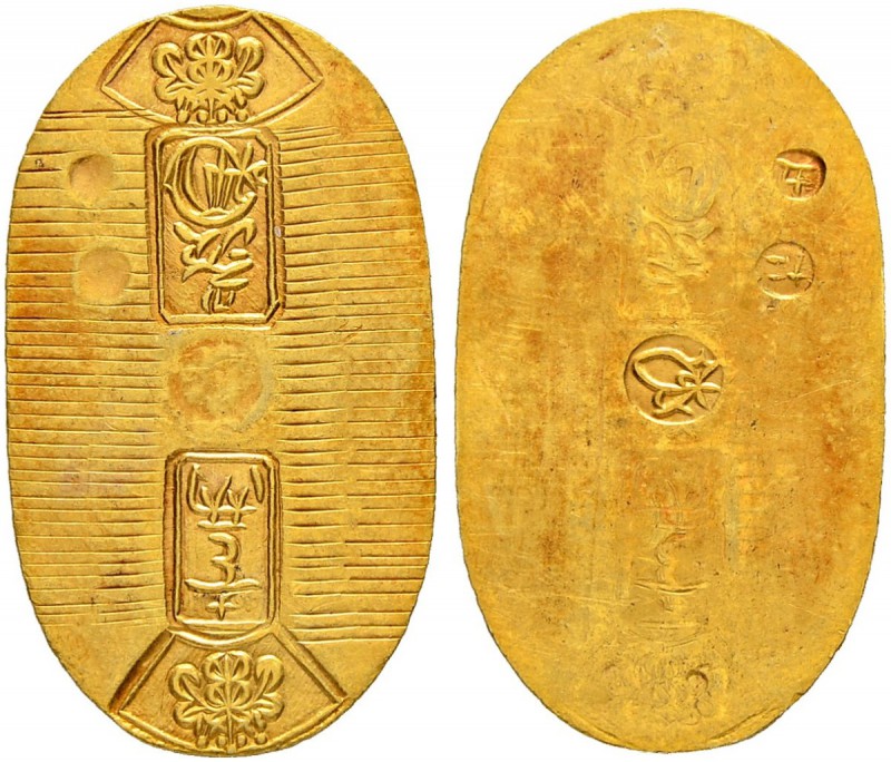JAPAN
Manen Koban o. J. (1860-1867). 3.30 g. KM C22d. Fr. 17. Sehr schön / Very...