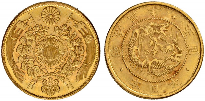 JAPAN
Mutsuhito, 1867-1912. 5 Yen Jahr 3 (1870), Osaka. 8.36 g. KM Y11. Fr. 47....