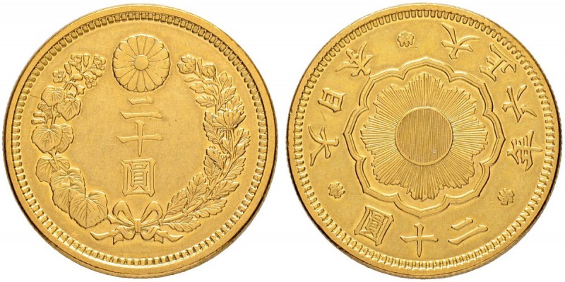 JAPAN
Yoshihito, 1912-1926. 20 Yen Jahr 6 (1917), Osaka. 16.61 g. KM Y40.2. Fr....