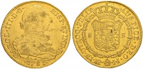 KOLUMBIEN
Carlos III. 1759-1788. 8 Escudos 1781, JJ-Nuevo Reino. 27.01 g. Cayon 12931. Fr. 35. Gutes sehr schön / Good very fine.