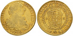 KOLUMBIEN
Carlos III. 1759-1788. 8 Escudos 1788, SF-Popayan. 26.98 g. Cayon 13008. Fr. 35. Gutes sehr schön / Good very fine.