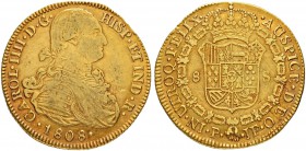 KOLUMBIEN
Carlos IV. 1788-1808. 8 Escudos 1808, JF-Popayan. 26.86 g. Cayon 14622. Fr. 52. Sehr schön / Very fine.