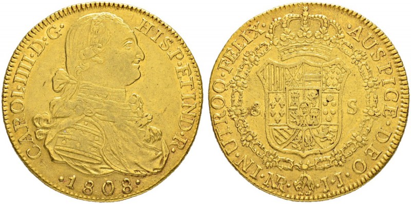 KOLUMBIEN
Carlos IV. 1788-1808. 8 Escudos 1808, JJ-Nuevo Reino. 26.97 g. Cayon ...