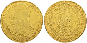 KOLUMBIEN
Carlos IV. 1788-1808. 8 Escudos 1808, JJ-Nuevo Reino. 26.97 g. Cayon 14620. Fr. 51. Gutes sehr schön / Good very fine.