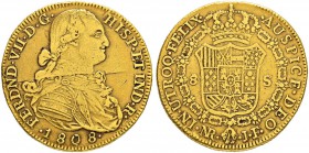 KOLUMBIEN
Fernando VII. 1808-1824. 8 Escudos 1808, JF-Nuevo Reino. 26.81 g. Cayon 14620. Fr. 51. Sehr schön / Very fine.