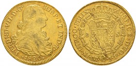 KOLUMBIEN
Fernando VII. 1808-1824. 8 Escudos 1820, JF-Nuevo Reino. 26.98 g. Cayon 16497. Fr. 35. Kleiner Schrötlingsfehler / Minor planchet defect. G...