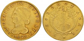 KOLUMBIEN
Republik Kolumbien, 1820-1837. 8 Escudos 1827, JF-Popayan. 26.99 g. KM 82.1. Fr. 68. Sehr schön / Very fine.